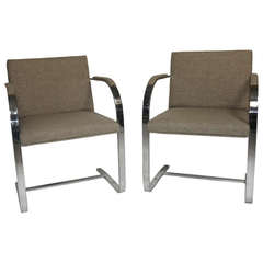 Pair of Mies van der Rohe 'Brno' Chairs Flat Bar-Harris Tweed Fabric with Labels 6