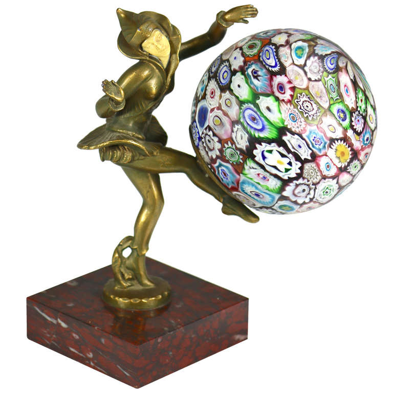 1920's Art Deco Ignacio Gallo Danseuse Lamp Original Millefiori Ball Shade For Sale