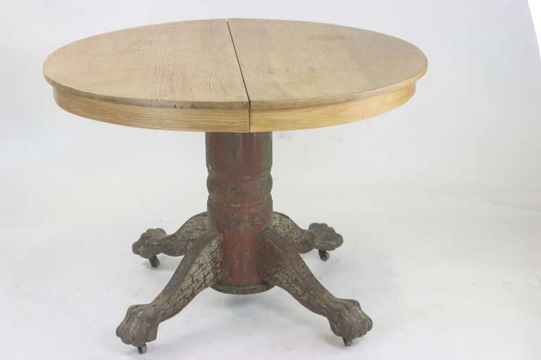 American 19th century classical chic oak ball and claw round table with original painted base- 42 in.Refinished natural oak top (extend to 60 in)--on original casters- Has a newer oak insert extension panel in a lighter white oak which makes the