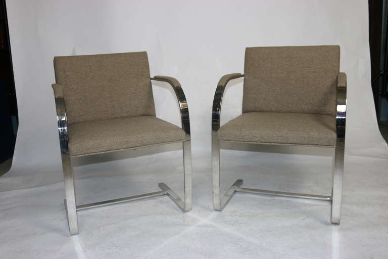 Pair Mies 'Brno' Arm Chairs Flat Bar-Harris Tweed Fabric-Brueton Labels
