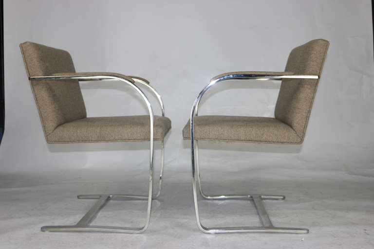 Pair Mies 'Brno' Arm Chairs Flat Bar-Harris Tweed Fabric ...