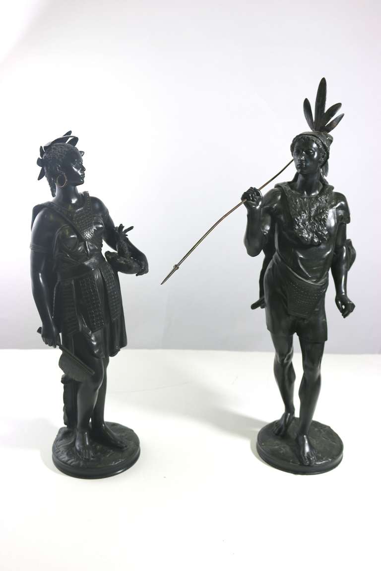 19th Century Pair of Native American Indian Sculptures signed-Jean Jules Salmson circa 1860 For Sale