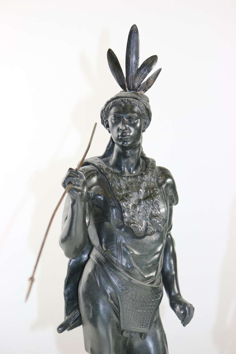 Large native American Indian spelter signed sculptures by Famed French Sculptor, Jean Jules Salmson (1823-1902.) A beautiful female in South American costume with headdress, large hoop gold earrings, holding a pineapple and a tomahawk, with long