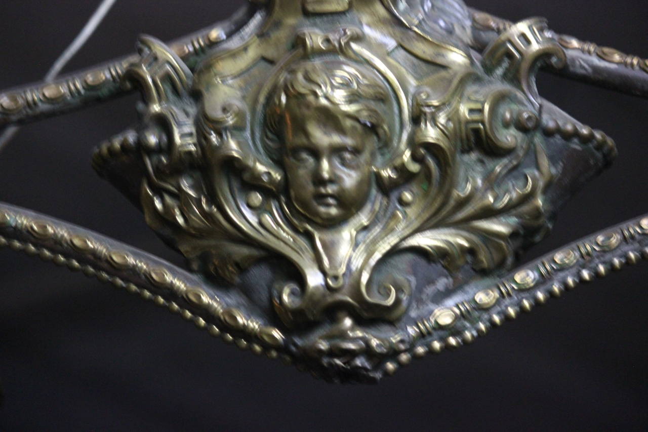 Repoussé Fabulous Belle Epoque Four-Arm Globe Light Repousse Brass and Zinc Chandelier For Sale