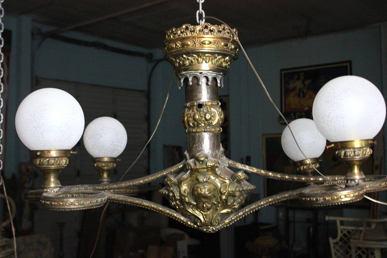 Beaux Arts Fabulous Belle Epoque Four-Arm Globe Light Repousse Brass and Zinc Chandelier For Sale