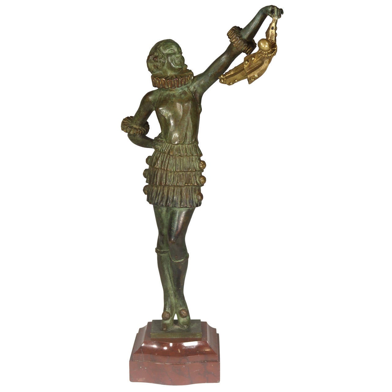A wonderful, Art Deco quite striking bronze statue by noted sculptor Pierre Laurel from the famed Marcel Guillemard foundry. It depicts the female harlequin, Pierette in strong Art Deco style dangling a similarly attired male harlequin, Pierrot. Her