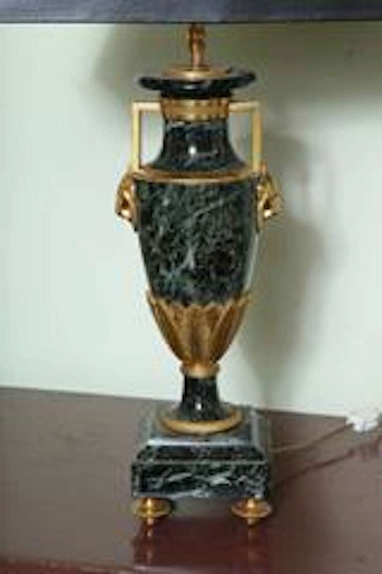 20th Century Refined Neoclassic Urn Verde Marble Lamps Gilt Bronze -- Provenance