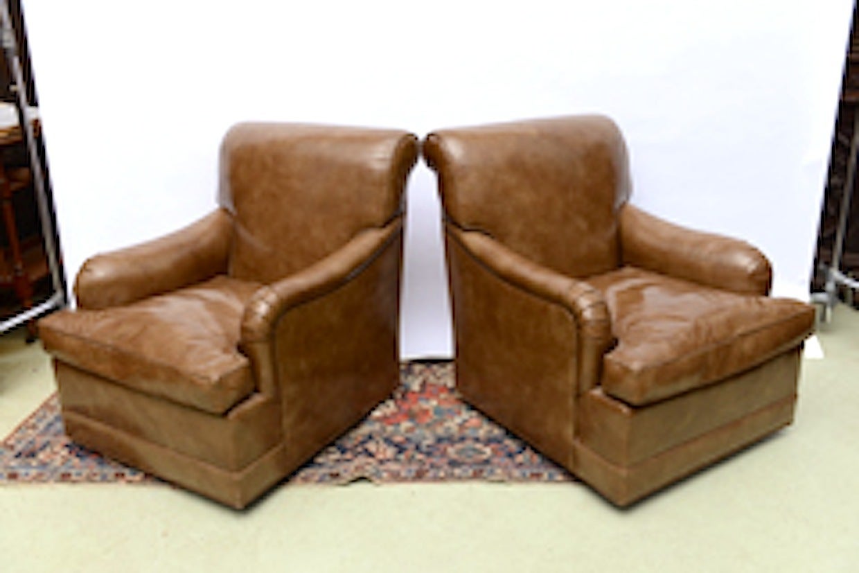 Hollywood Regency Edward Wormley for Dunbar Pair Luxe Glazed  Leather Hollywood Club Lounge Chairs For Sale