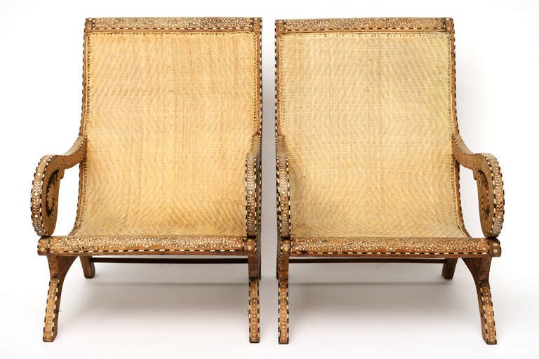 19th Century Rare Exotic Anglo-Indian Bone Inlay Palace Lounge Chairs For Sale 1