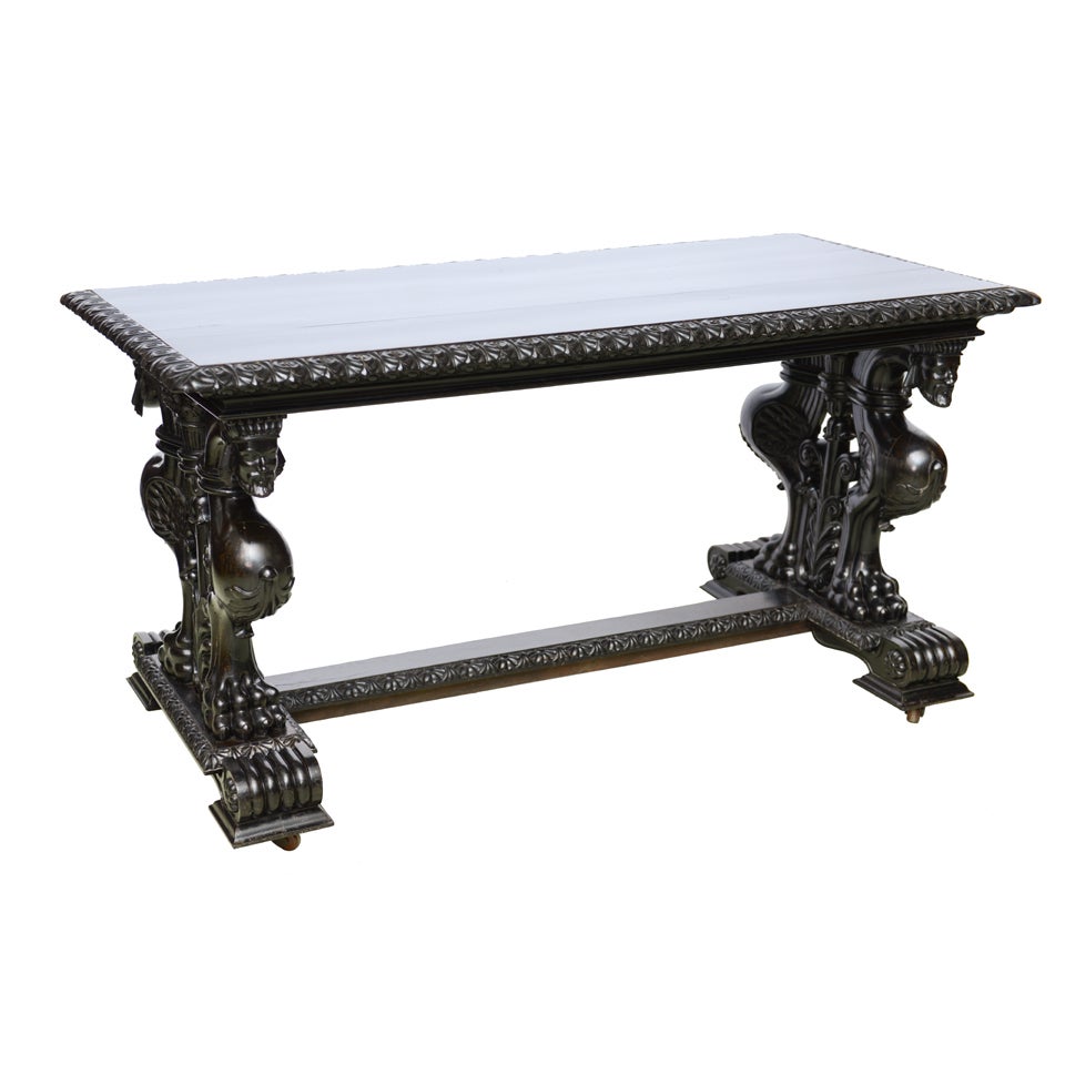 Important Grand Estate English Ebony Console Table Desk. 19th century For Sale