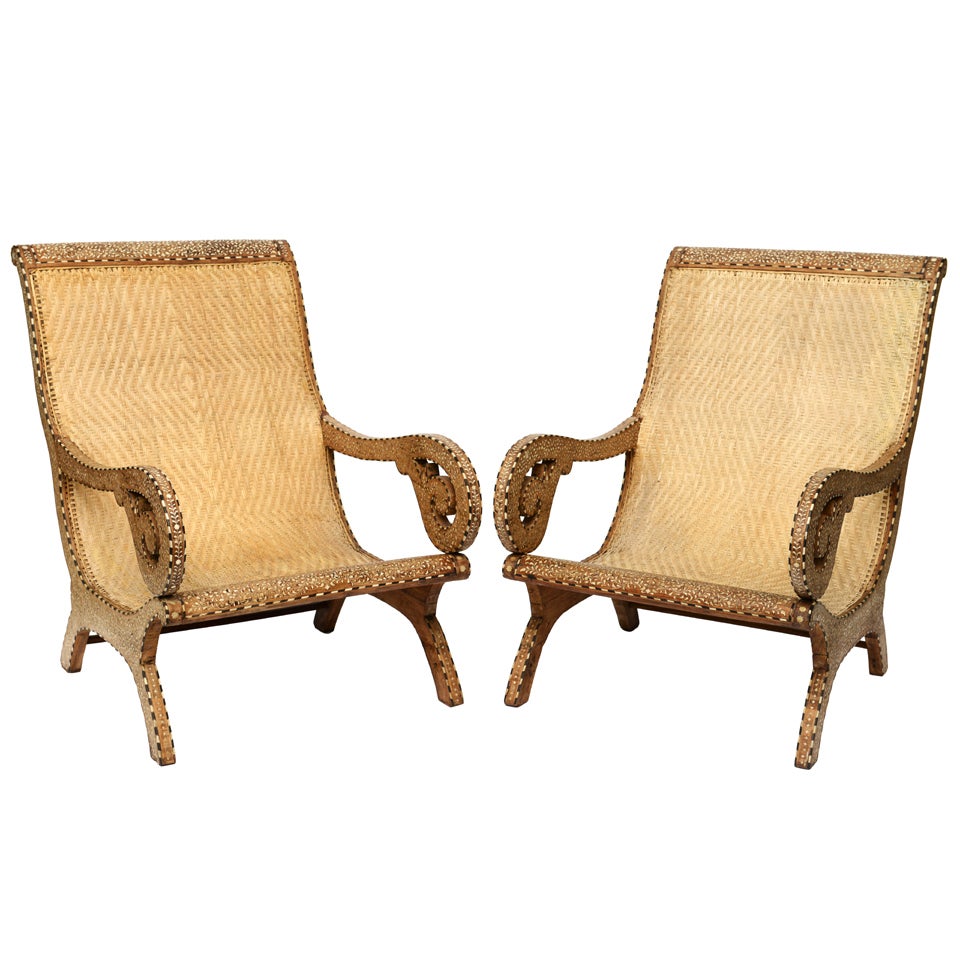 19th Century Rare Exotic Anglo-Indian Bone Inlay Palace Lounge Chairs For Sale