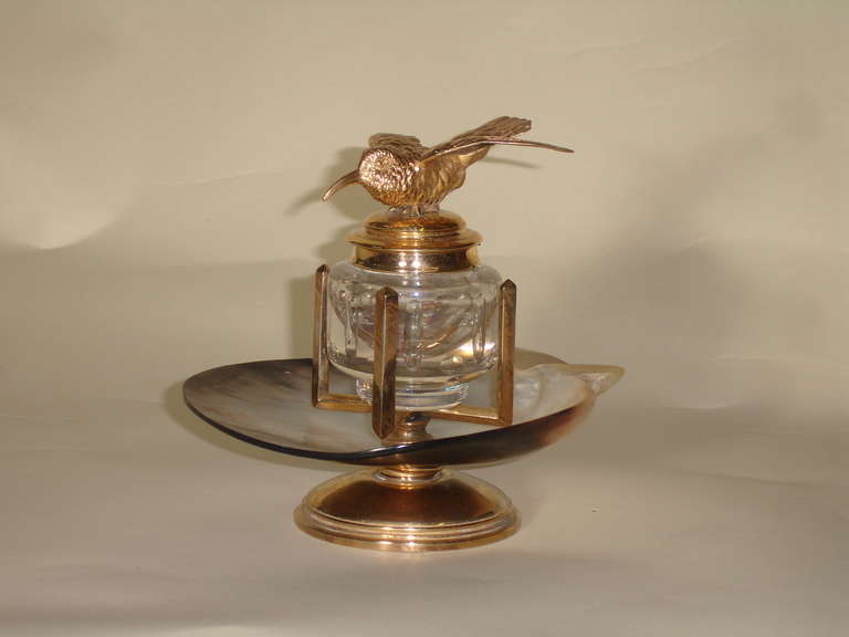Tycoon's Gold Hummingbird Inkwell on MOP Shell Base-19th c.with Provenance In Good Condition For Sale In West Palm Beach, FL