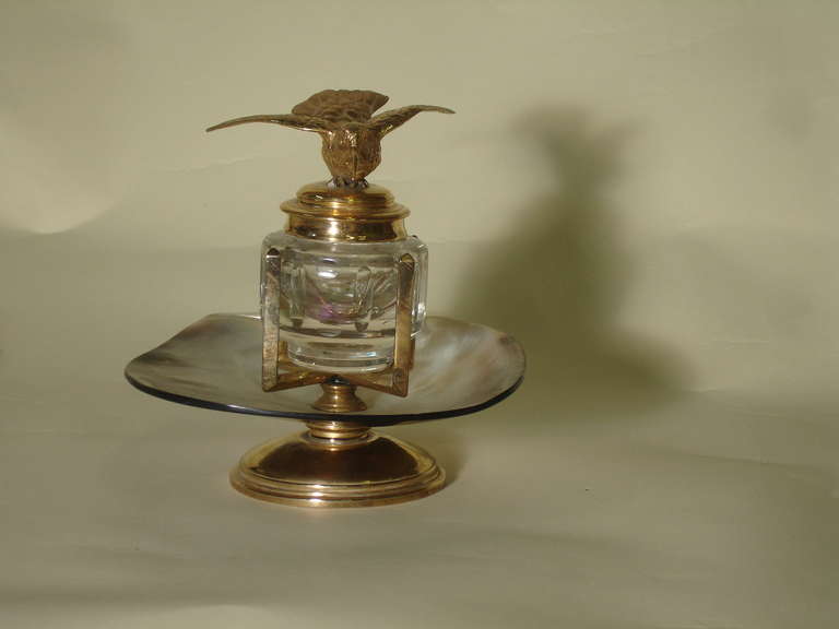 19th Century Tycoon's Gold Hummingbird Inkwell on MOP Shell Base-19th c.with Provenance For Sale