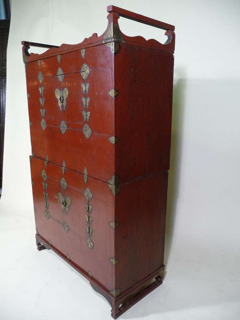 18th Century and Earlier 18th Century Pair of Stackable Red Lacquer Korean Chests on Stands For Sale