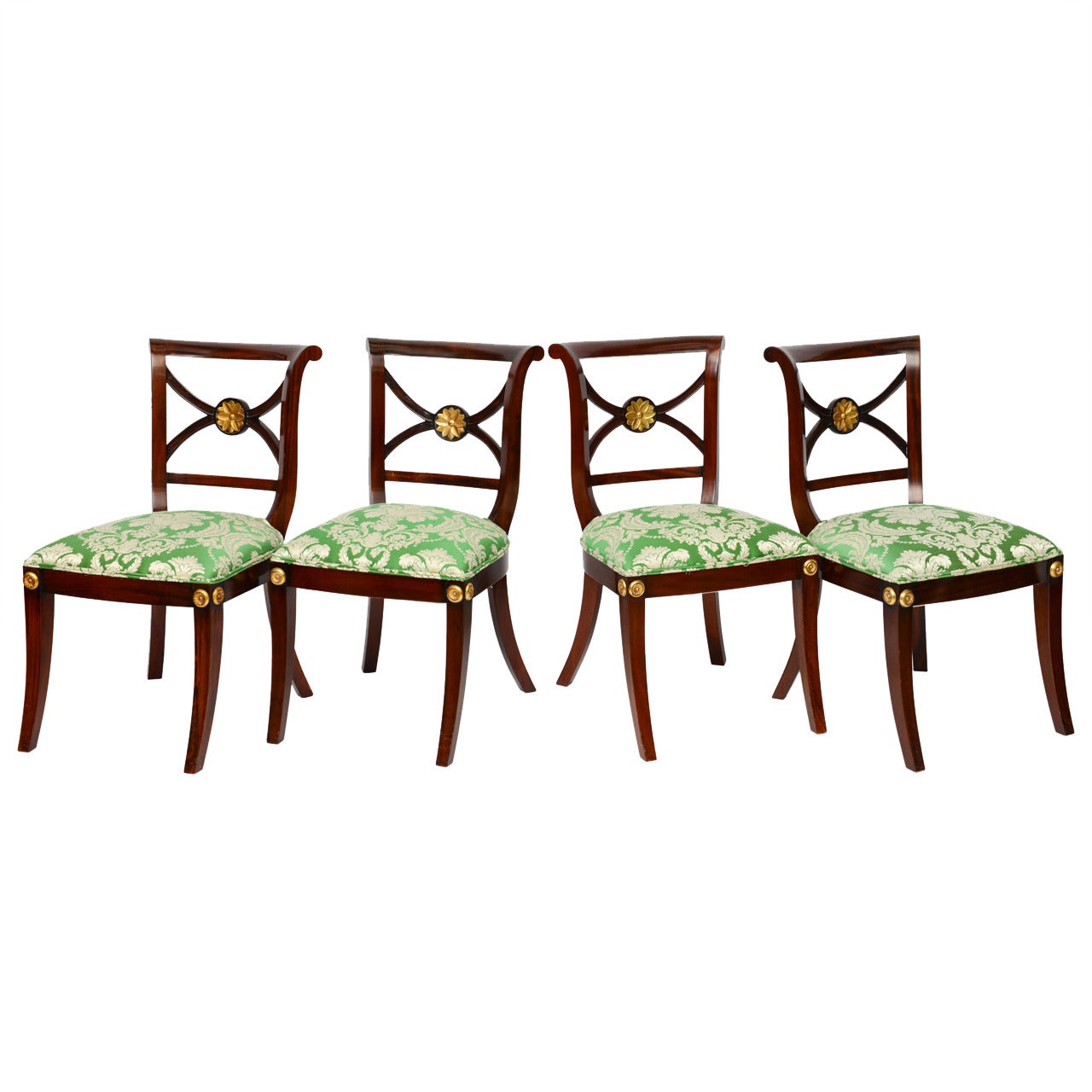 Elegant Regency Klismos Dining Chairs, Highly Carved Gilt Details, 19th Century For Sale