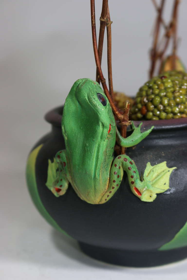 Folk Art Organic Artist Signed Porcelain Vessel Bowl Frog Decoration Natural Twig Handle For Sale