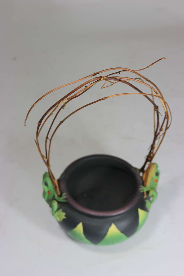 American Organic Artist Signed Porcelain Vessel Bowl Frog Decoration Natural Twig Handle For Sale