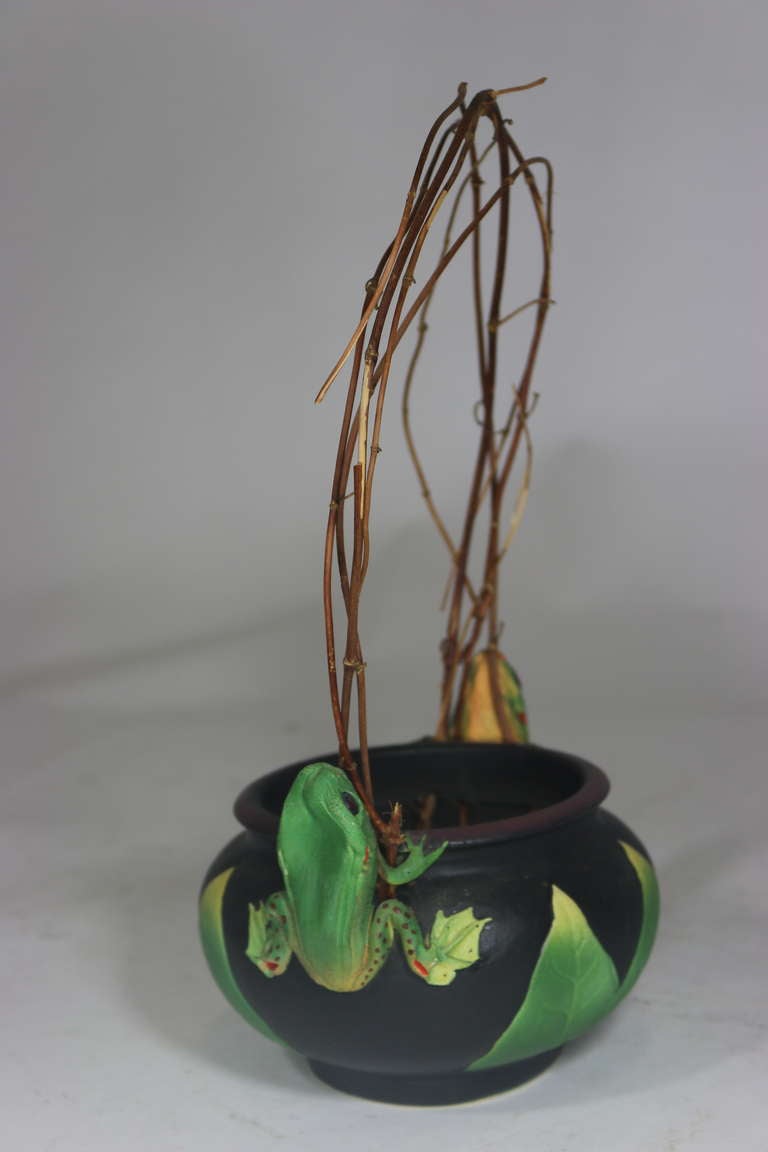 Hand-Crafted Organic Artist Signed Porcelain Vessel Bowl Frog Decoration Natural Twig Handle For Sale