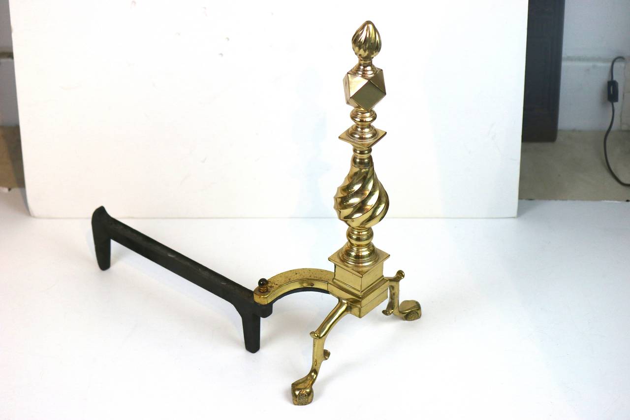 20th Century Pair of Polished American Classical Flame-Top Finial Brass Andirons For Sale