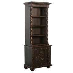 Antique Danish Narrow Carved Bookcase/Cabinet, Black Finish