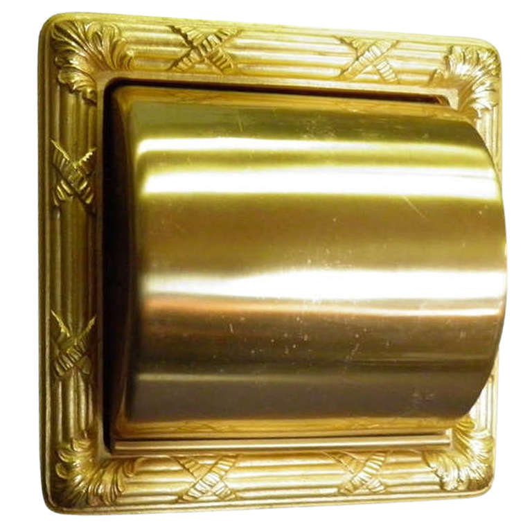 Luxurious Sherle Wagner Bathroom Accessories 22-Karat Gold Finish-Ribbed and X Ribbon Designed Recessed in the Wall Rolling Cover Toilet Tissue Holder with Acanthus Corner Decoration -to be Recessed in the Wall with a Cover that slides open and