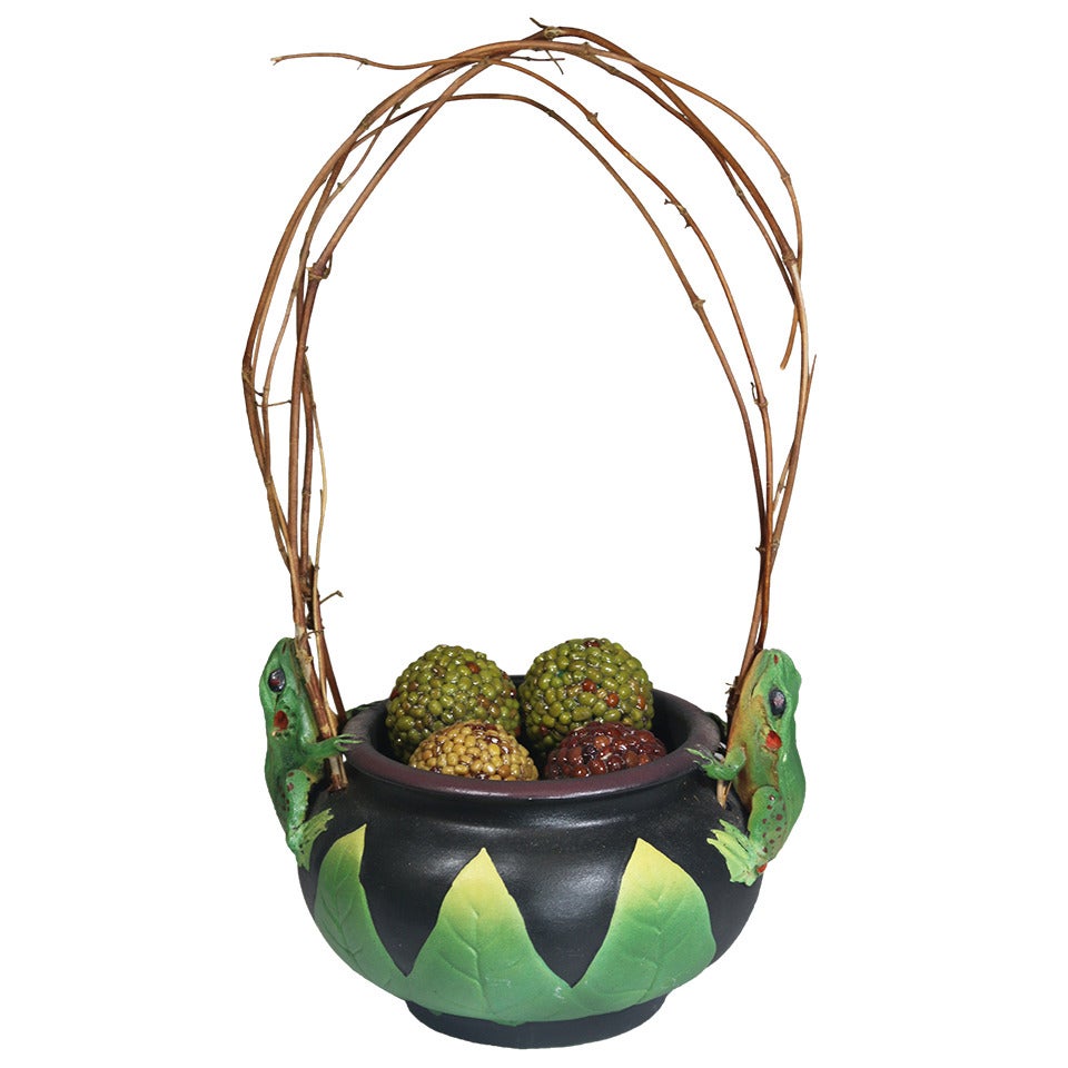 Organic Artist Signed Porcelain Vessel Bowl Frog Decoration Natural Twig Handle For Sale
