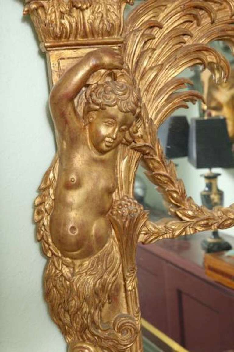Impressive Large Pair of Wood Gilt Mirrors with Eagle Crest For Sale 1