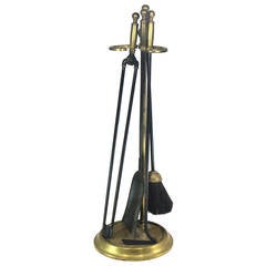 Set of American Brass and Steel Ball-Top Fire Tools on Stand, 19th Century