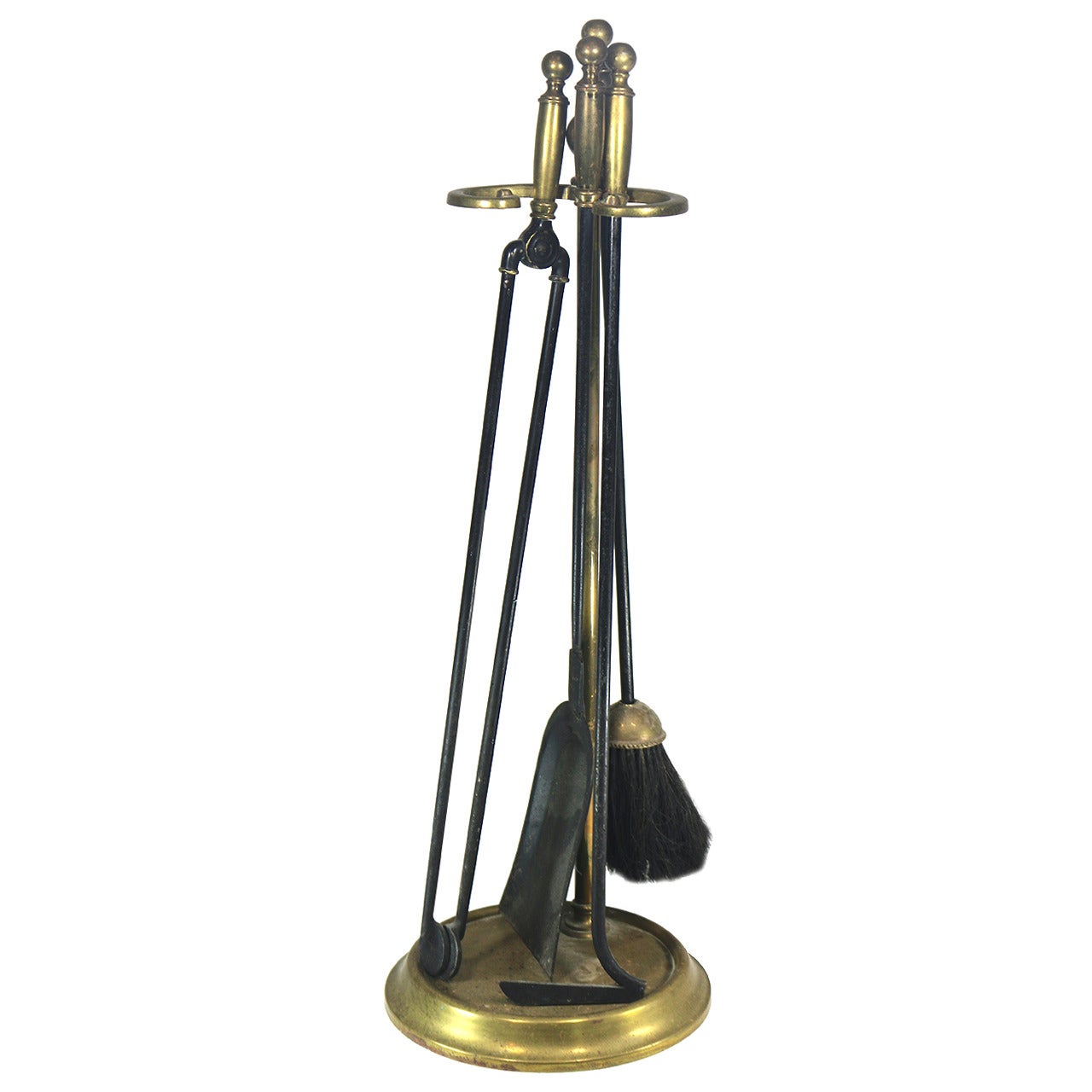 Set of American Brass and Steel Ball-Top Fire Tools on Stand, 19th Century For Sale