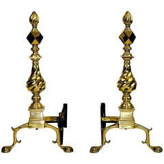 Pair of Polished American Classical Flame-Top Finial Brass Andirons