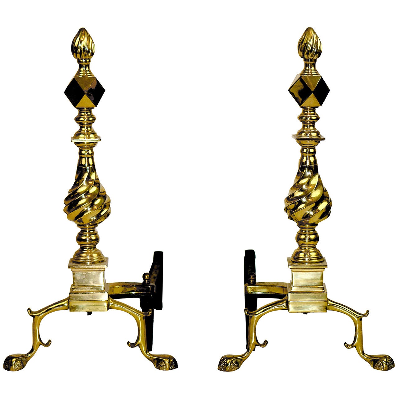 Pair of Polished American Classical Flame-Top Finial Brass Andirons For Sale