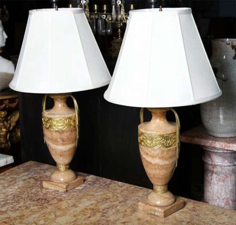 French Tycoon's Art Deco Onyx Urn Table Lamps with Gilt Bronze Decorative Motif Trim For Sale