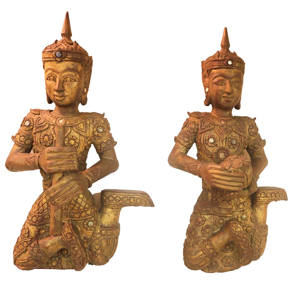 19th c. Teak Carved Large Pair of Gilt Siamese Figures with Provenance For Sale
