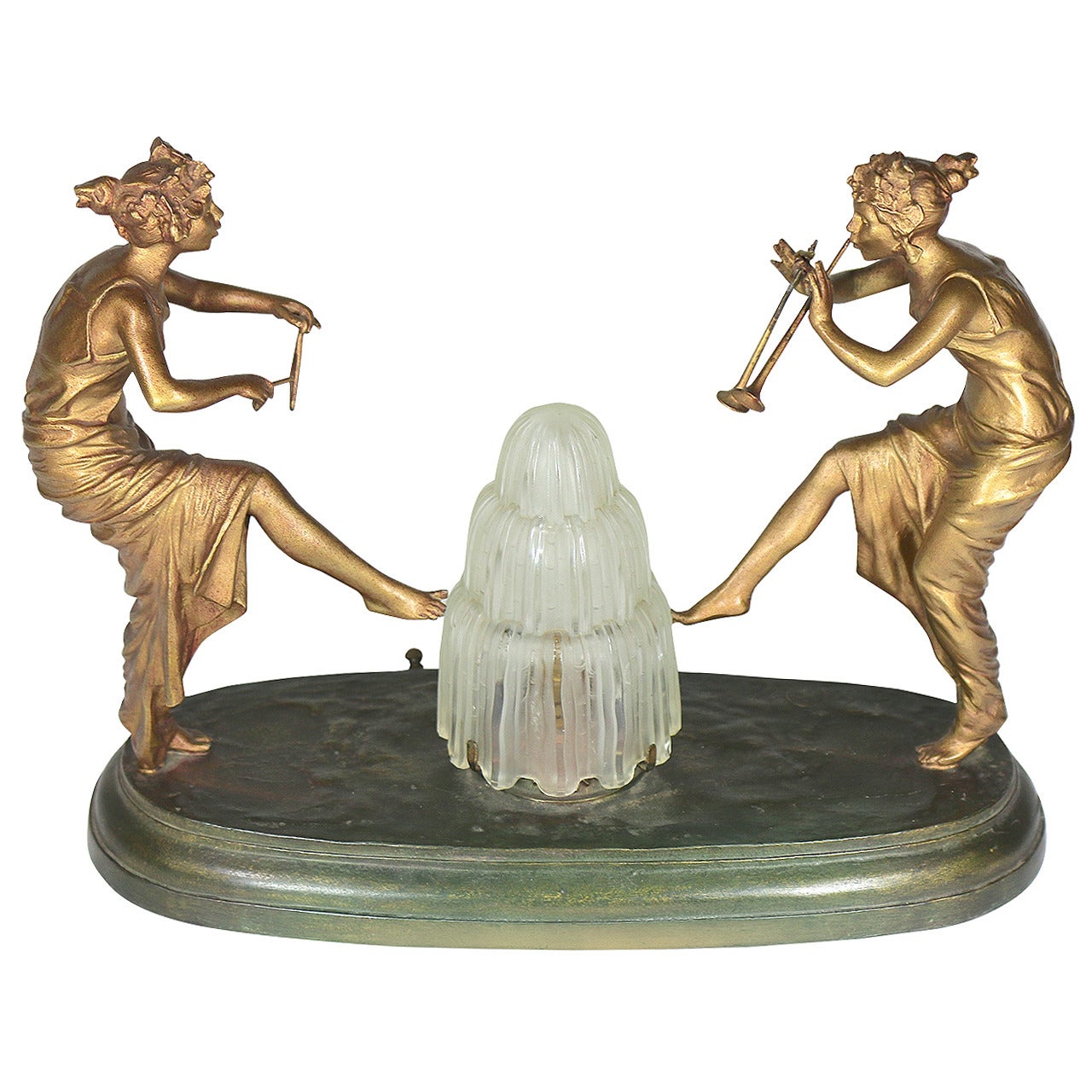 Art Deco Signed Figural Dancing Ladies Lamp Original Flame Shade Fondeur Mark For Sale