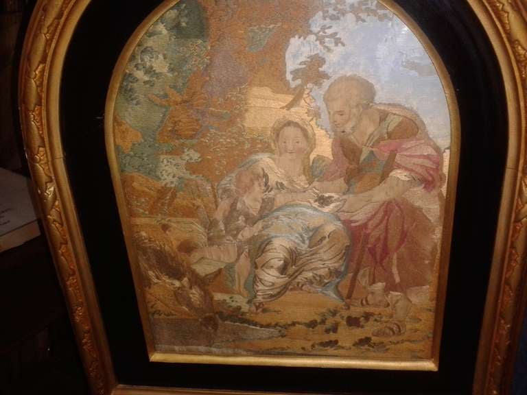 19th Century 19th c. Fireplace Screen Gilt Framed Silk Needlework Painting On A Brass Stand For Sale