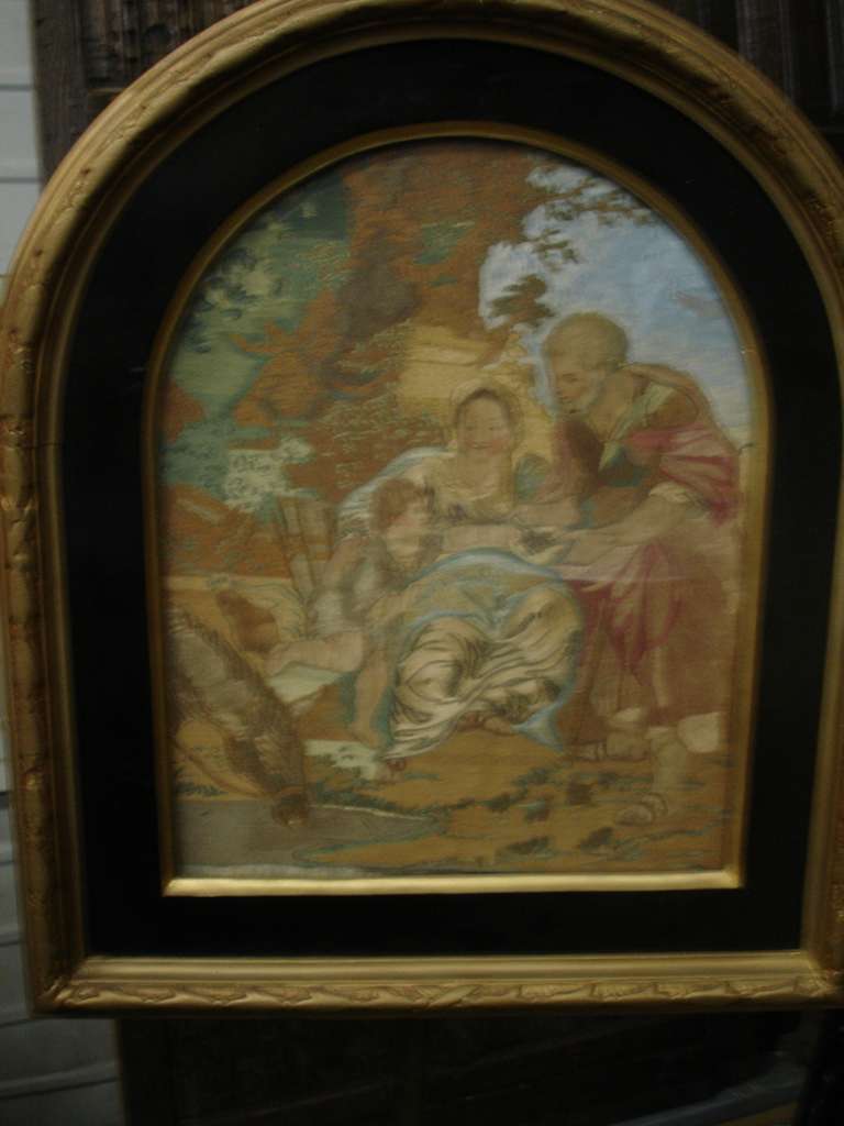 Rococo 19th c. Fireplace Screen Gilt Framed Silk Needlework Painting On A Brass Stand For Sale