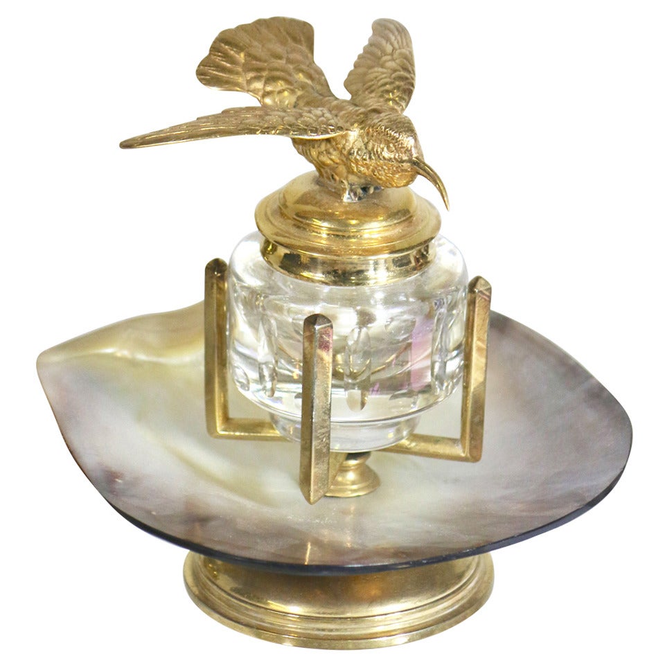 Tycoon's Gold Hummingbird Inkwell on MOP Shell Base-19th c.with Provenance For Sale