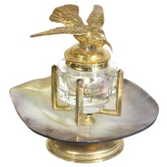 Tycoon's Gold Hummingbird Inkwell on MOP Shell Base-19th c.with Provenance