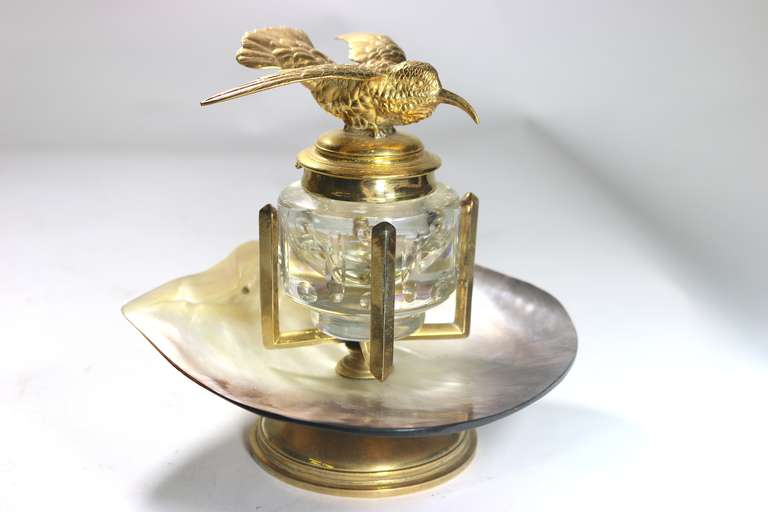 Neoclassical Tycoon's Gold Hummingbird Inkwell on MOP Shell Base-19th c.with Provenance For Sale