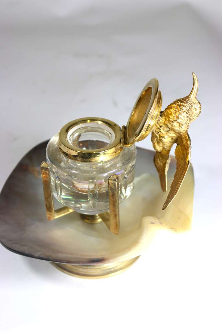 Tycoon's Gold Hummingbird Inkwell on MOP Shell Base-19th c.with Provenance For Sale 1