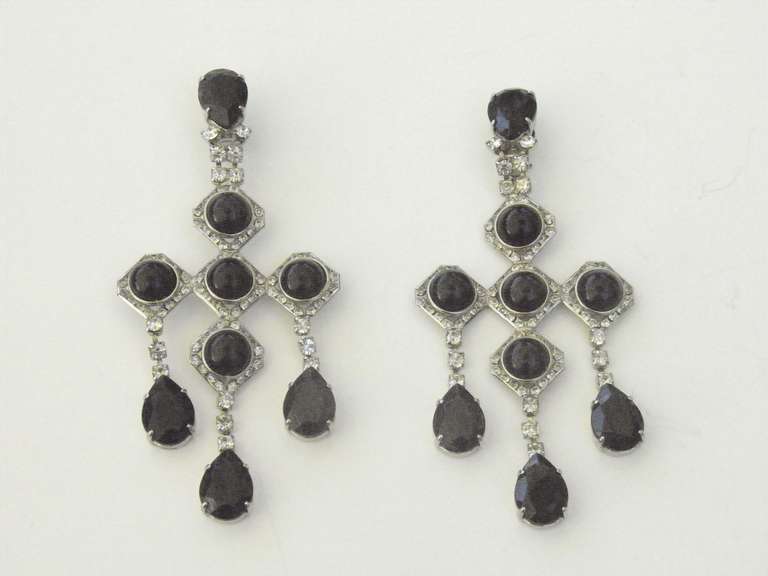 Large Impressive Haute Couture 4 3/4 in. Drop Runway  Earrings-sterling silver, Onyx black stones, and diamente trimmed chandelier clip on earrings, formerly belonging to Rebecca Harkness- the society heiress to standard oil who lived a glamorous