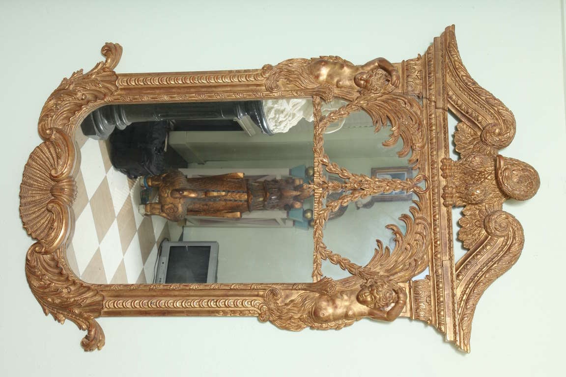 Rococo Impressive Large Pair of Wood Gilt Mirrors with Eagle Crest For Sale