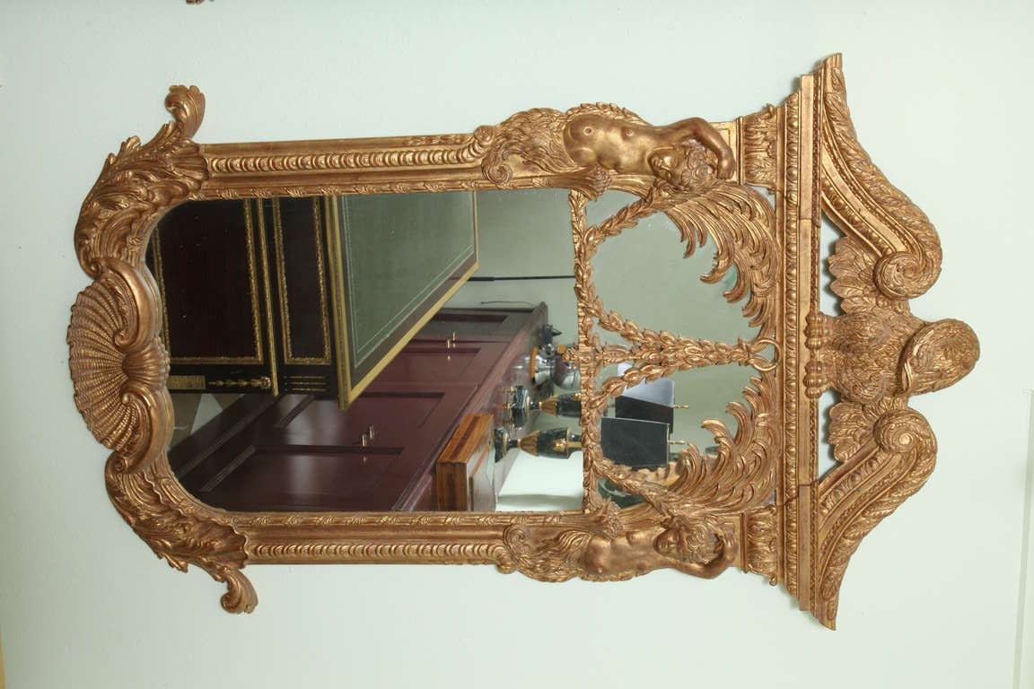 Impressive Large Pair of Wood Gilt Mirrors with Eagle Crest In Excellent Condition For Sale In West Palm Beach, FL
