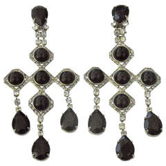 Vintage 1940s Runway Pair Onyx Diamente Sterling Chandelier Earrings