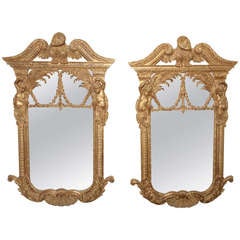Impressive Large Pair of Wood Gilt Mirrors with Eagle Crest