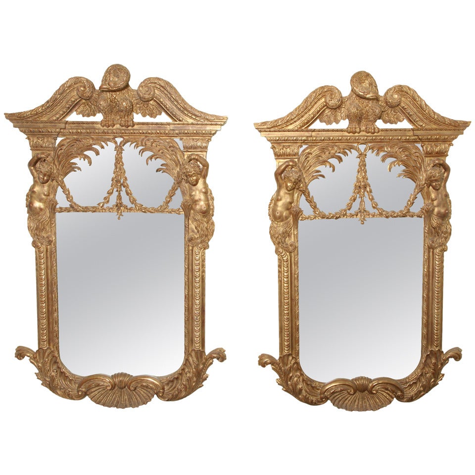 Impressive Large Pair of Wood Gilt Mirrors with Eagle Crest For Sale