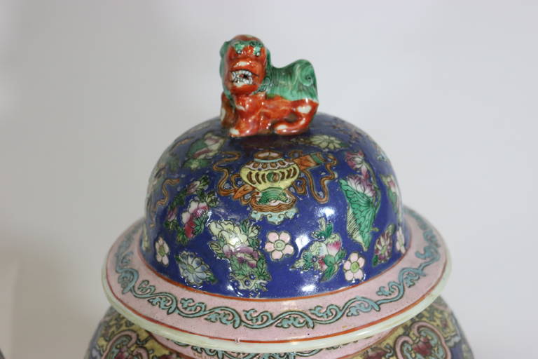 Chinese Export Pair of Large Chinese Porcelain Cobalt Covered Ginger Jars with Foo Dog For Sale