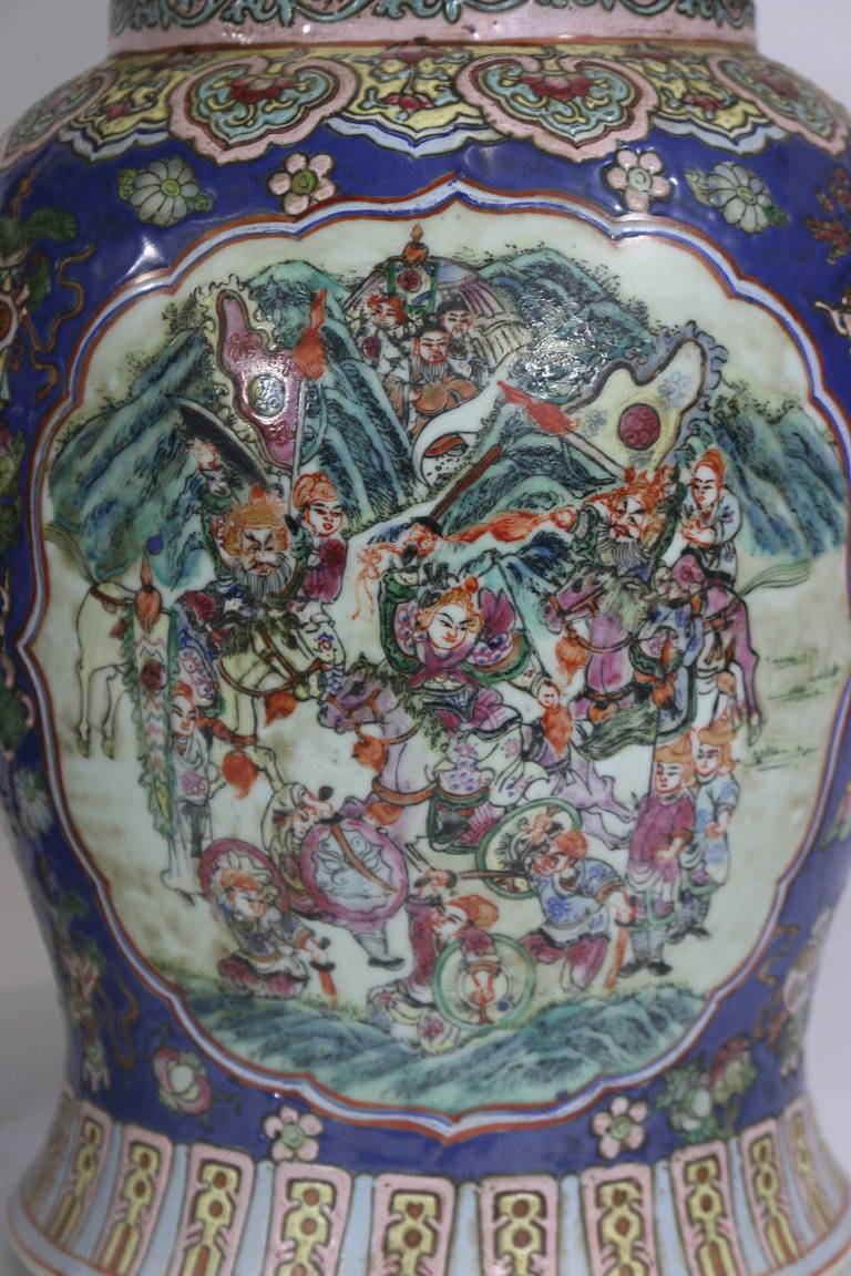Hand-Painted Pair of Large Chinese Porcelain Cobalt Covered Ginger Jars with Foo Dog For Sale