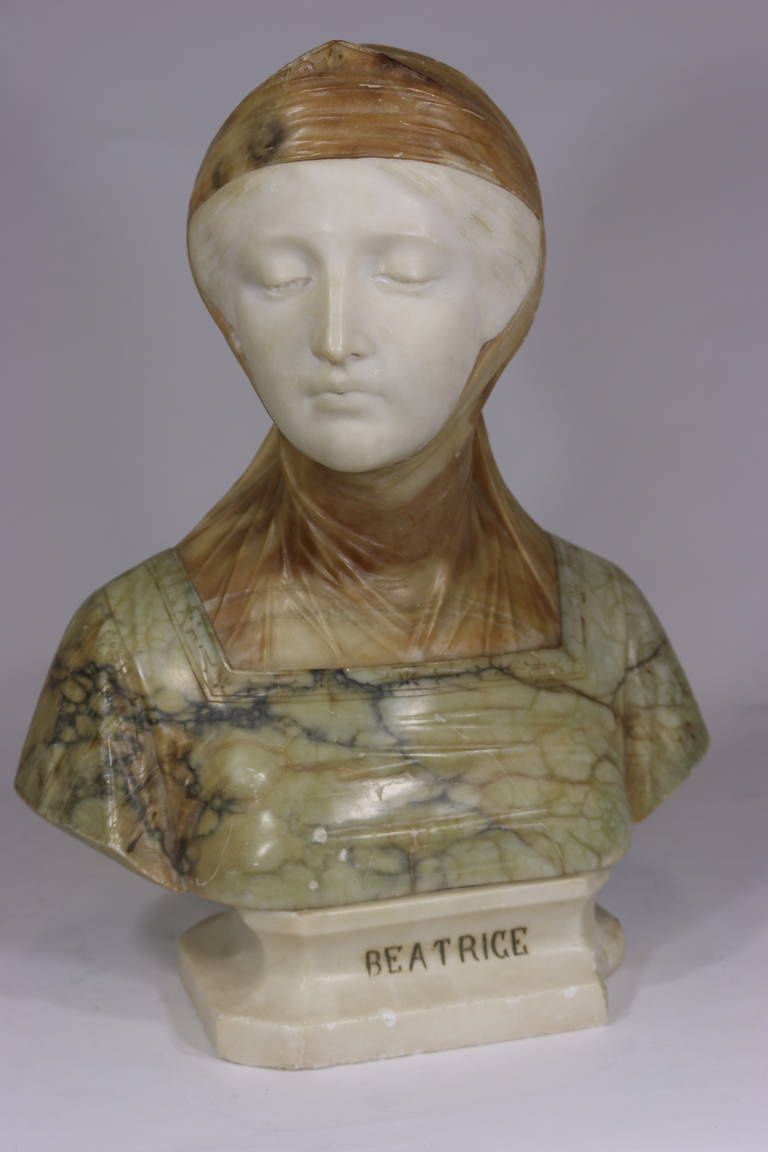 Rare and Important 19th century or earlier multi-color Marble & Alabaster Bust
According to Dante, he first met Beatrice when his father took him to the Portinari house for a May Day party. At the time, Beatrice was eight years old, a year younger