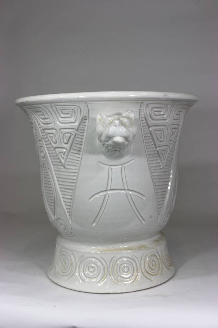 Mid-Century Modern 1950 Italian White Ceramic Urn- Geometric Incised Design, Lioness Head Handles For Sale